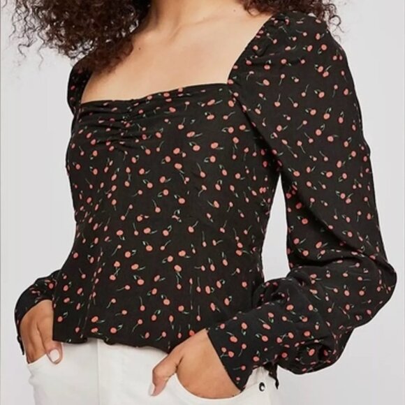 EUC, Free People Julia Cherry Print Blouse, Smocked Back, Black, Size L - Picture 1 of 14